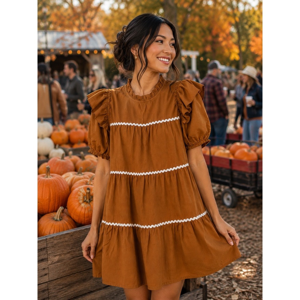 Us Together Brown Tiered Rickrack Ruffle Babydoll Dress Womens Medium